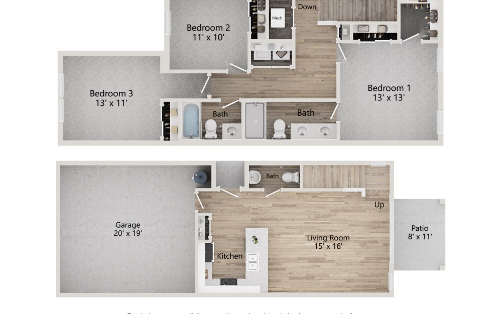 Bella - 3 bedroom floorplan layout with 2.5 bathrooms and 1396 square feet (2D)