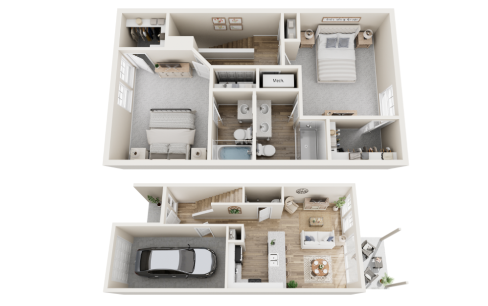 Paloma - 2 bedroom floorplan layout with 2.5 bathrooms and 1239 square feet (3D)