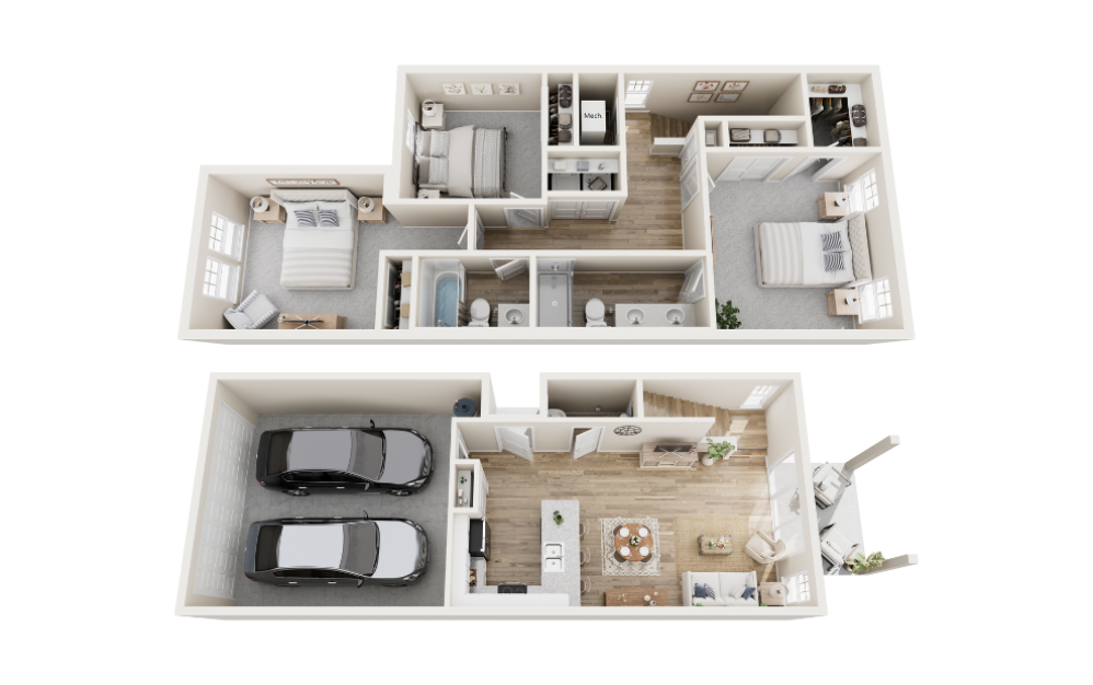 Bella - 3 bedroom floorplan layout with 2.5 bathrooms and 1396 square feet (3D)