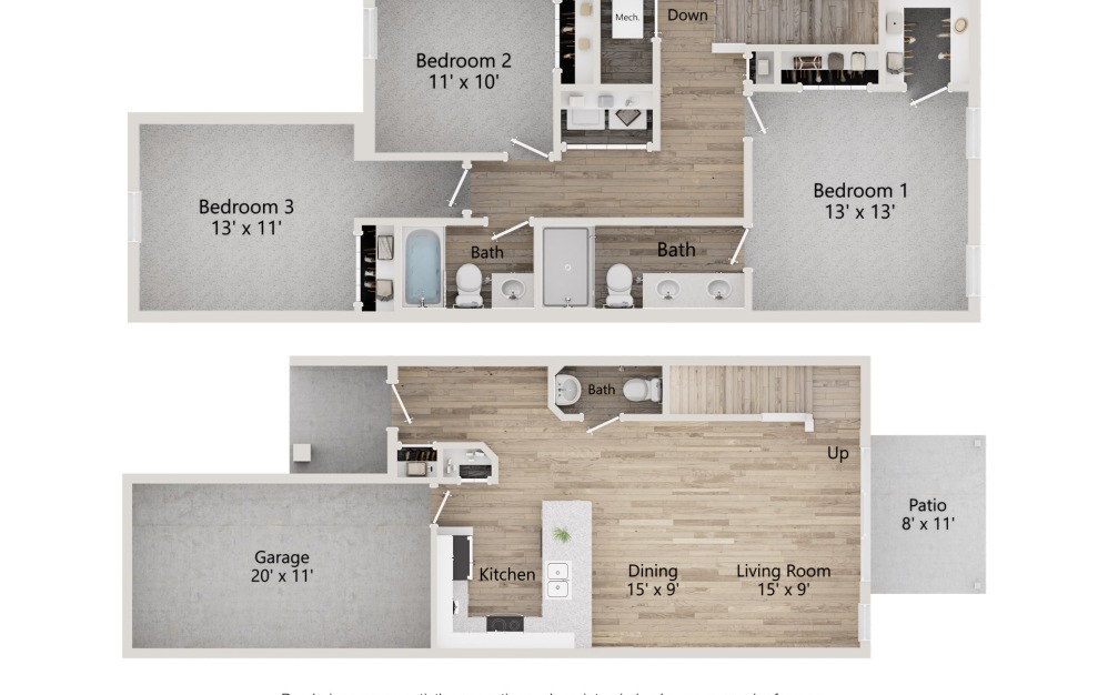 Lucia - 3 bedroom floorplan layout with 2.5 bathrooms and 1438 square feet (2D)