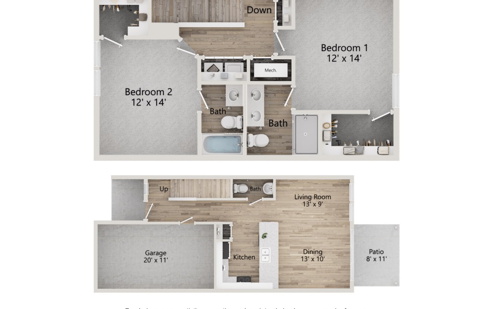 Paloma - 2 bedroom floorplan layout with 2.5 bathrooms and 1239 square feet (2D)